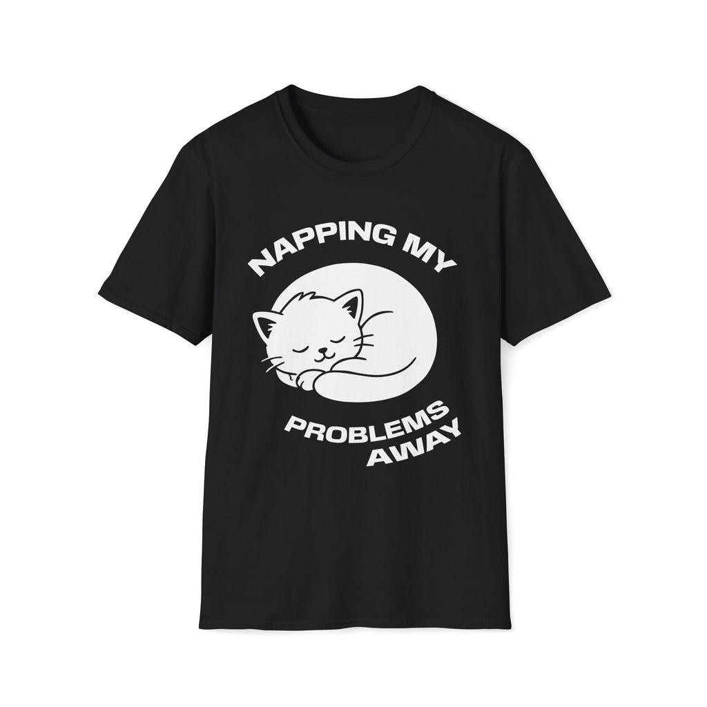 T-Shirt — 'NAPPING MY PROBLEMS AWAY' Tired Cat Graphic Tee (Tired jokes)