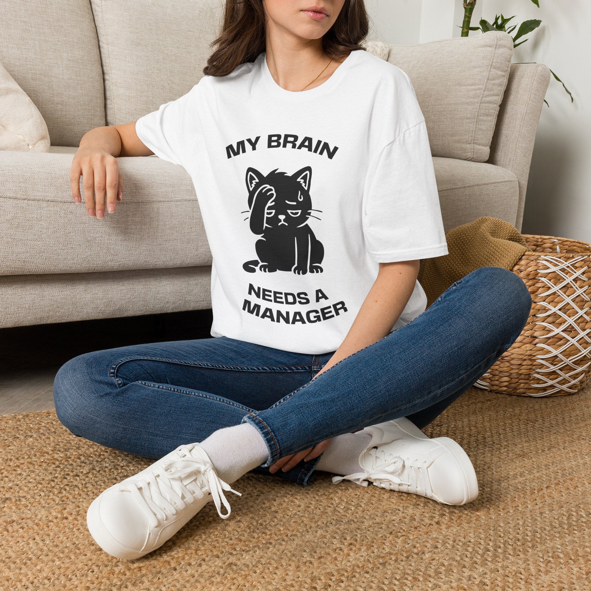T-Shirt — 'My Brain Needs a Manager' Tired Cat Graphic Tee (Tired jokes)