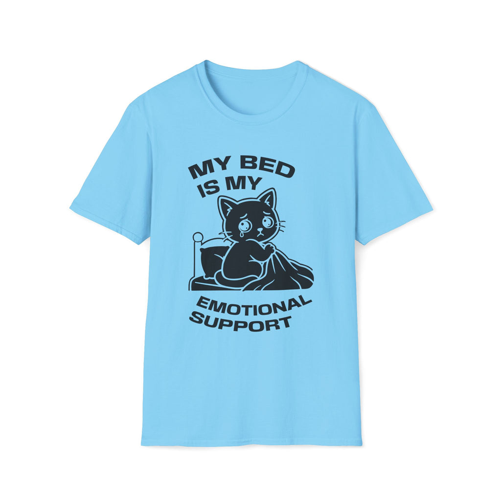 T-Shirt — 'MY BED IS MY EMOTIONAL SUPPORT' Tired Cat Graphic Tee (Tired jokes)