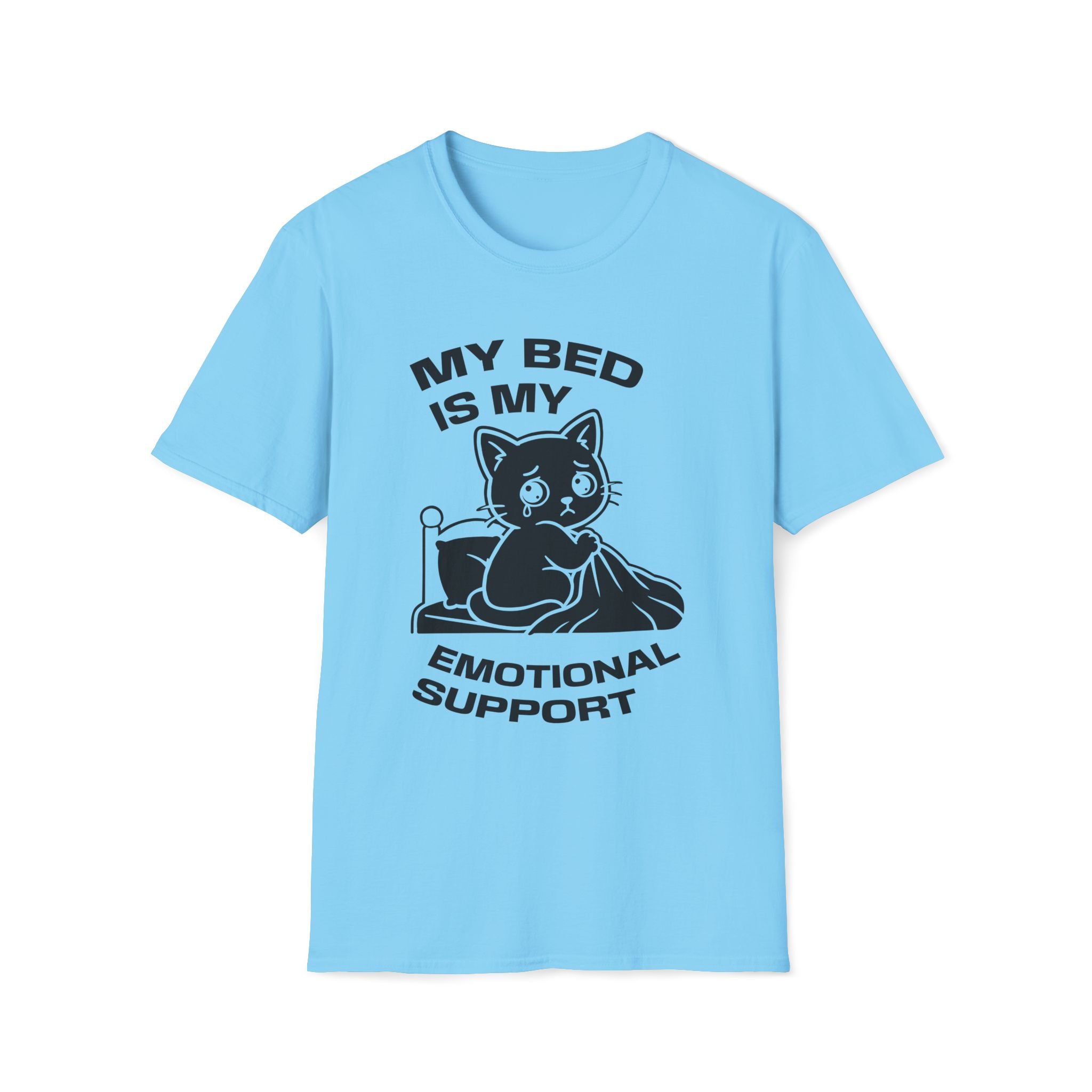 T-Shirt — 'MY BED IS MY EMOTIONAL SUPPORT' Tired Cat Graphic Tee (Tired jokes)