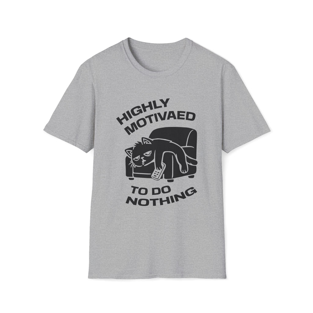 T-Shirt — 'HIGHLY MOTIVATED TO DO NOTHING' Tired Cat Graphic Tee (Tired jokes)