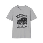 T-Shirt — 'HIGHLY MOTIVATED TO DO NOTHING' Tired Cat Graphic Tee (Tired jokes)