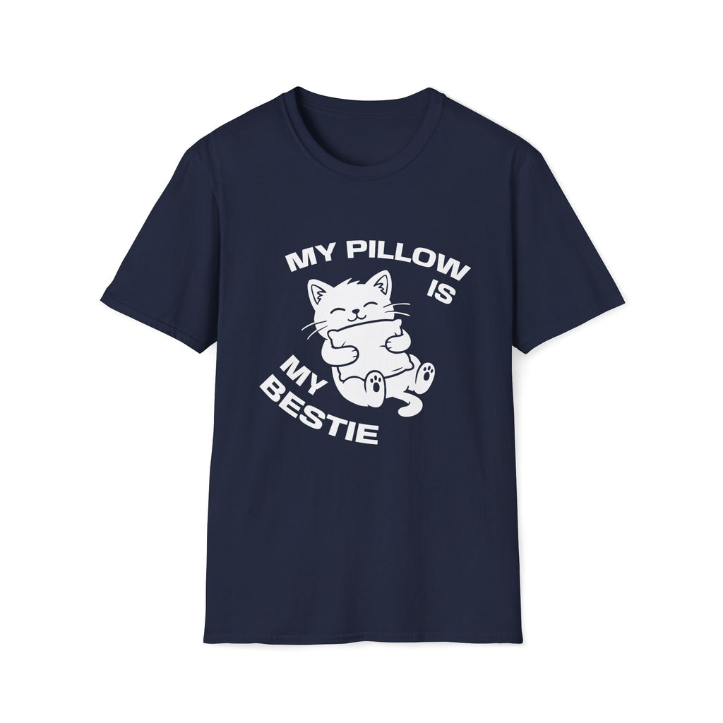 T-Shirt — 'My Pillow Is My Bestie' Tired Cat Graphic Tee (Tired jokes)