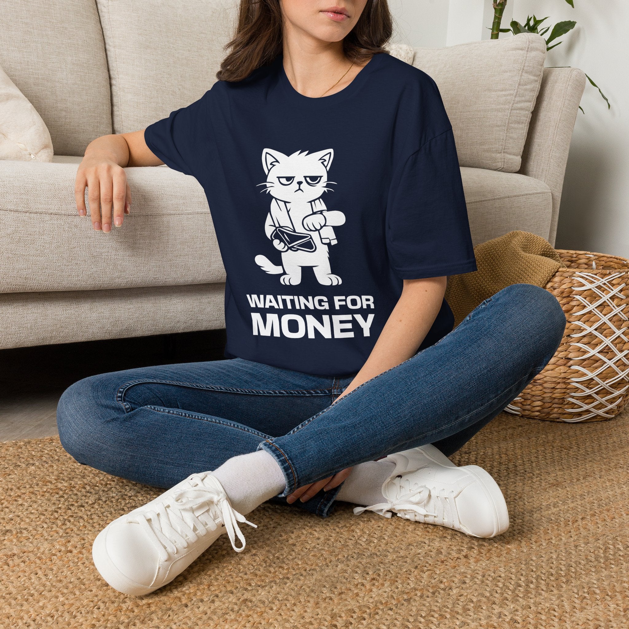 T-Shirt — 'WAITING FOR MONEY' Tired Cat Graphic Tee (Tired jokes)