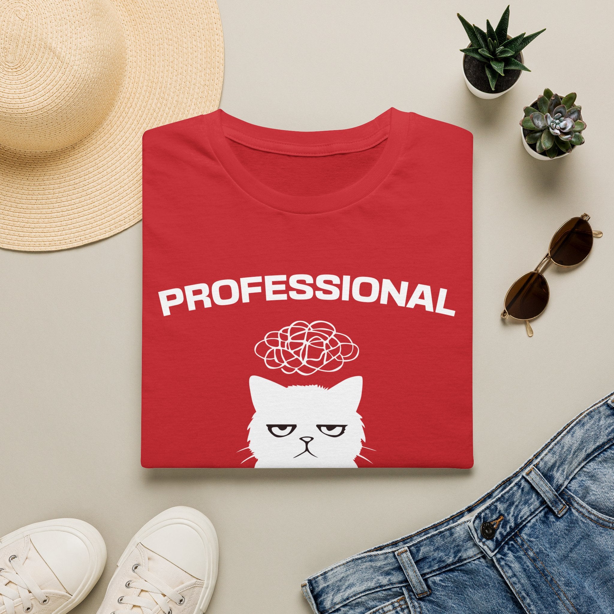 T-Shirt — 'Professional Overthinker' Tired Cat Graphic Tee (Tired jokes)
