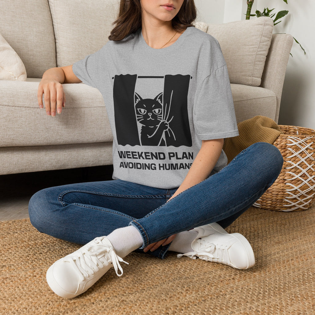 T-Shirt — 'Weekend Plan Avoiding People' Tired Cat Graphic Tee (Tired jokes)
