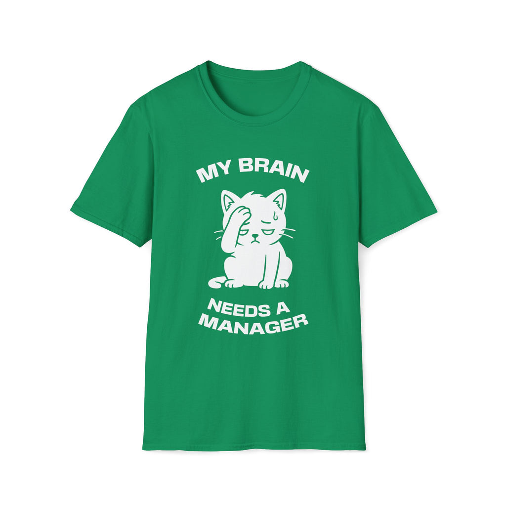 T-Shirt — 'My Brain Needs a Manager' Tired Cat Graphic Tee (Tired jokes)