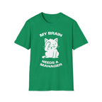 T-Shirt — 'My Brain Needs a Manager' Tired Cat Graphic Tee (Tired jokes)