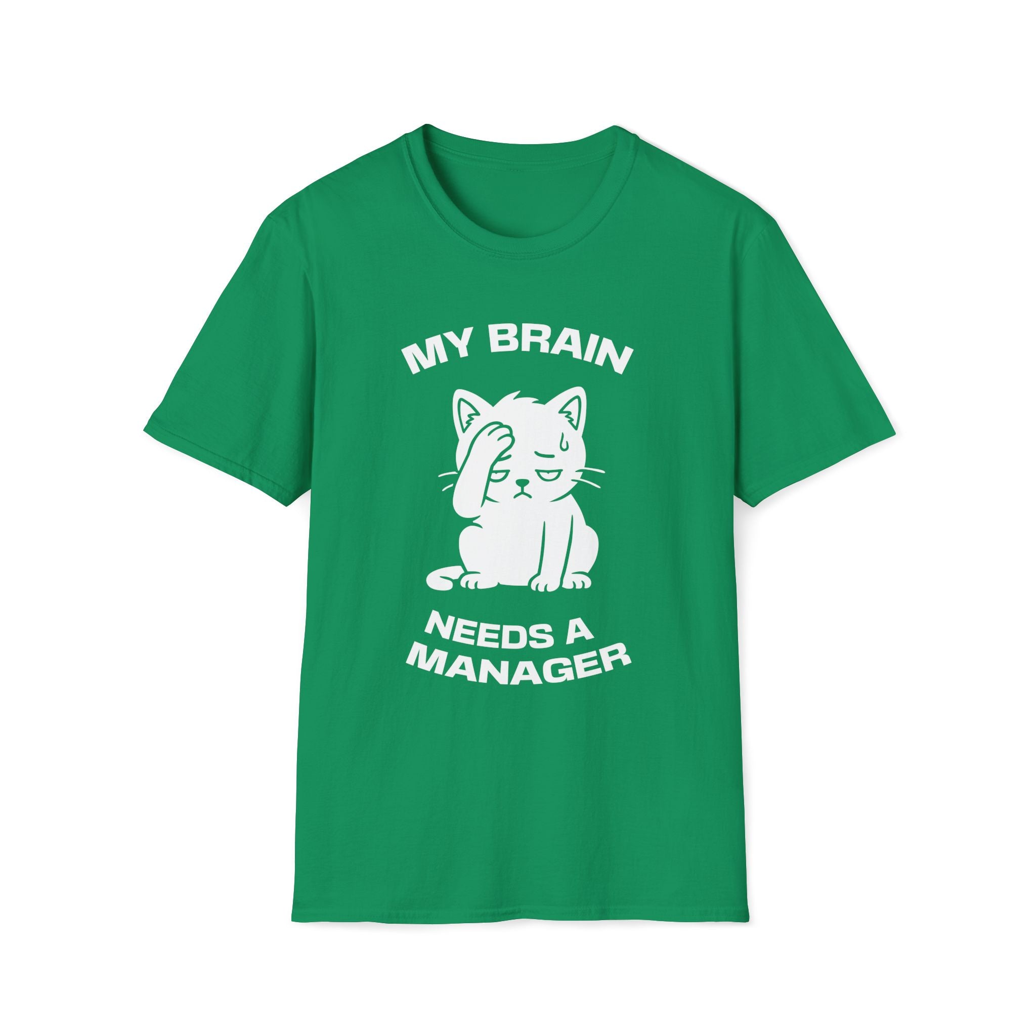 T-Shirt — 'My Brain Needs a Manager' Tired Cat Graphic Tee (Tired jokes)