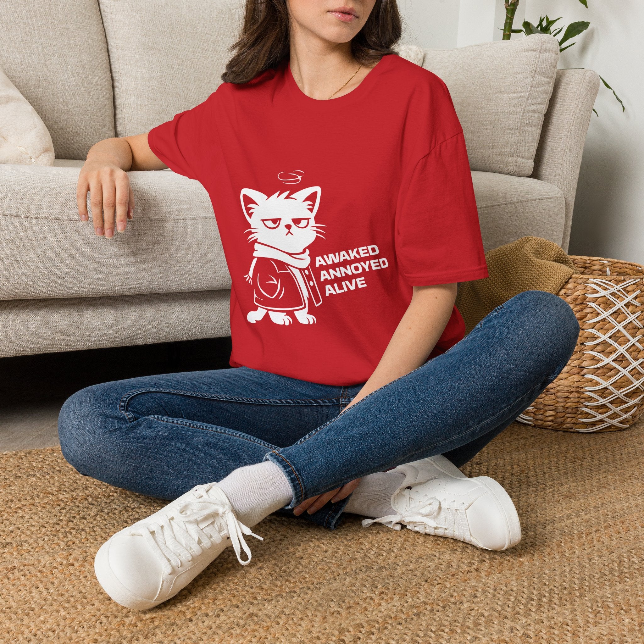 T-Shirt — 'AWAKED ANNOYED ALIVE' Tired Cat Graphic Tee (Tired jokes)