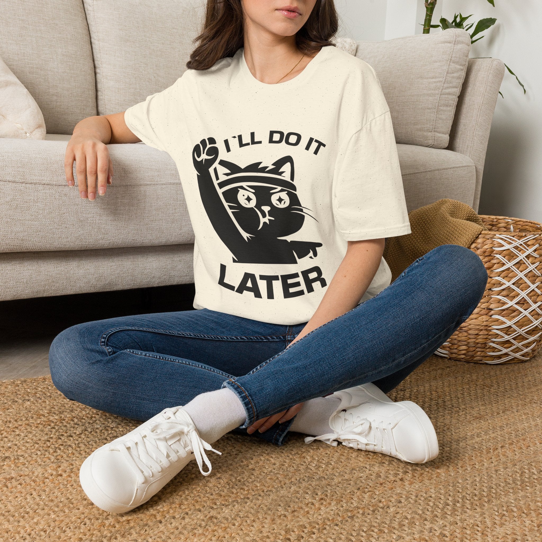 T-Shirt — 'I'll Do It Later' Tired Cat Graphic Tee (Tired jokes)