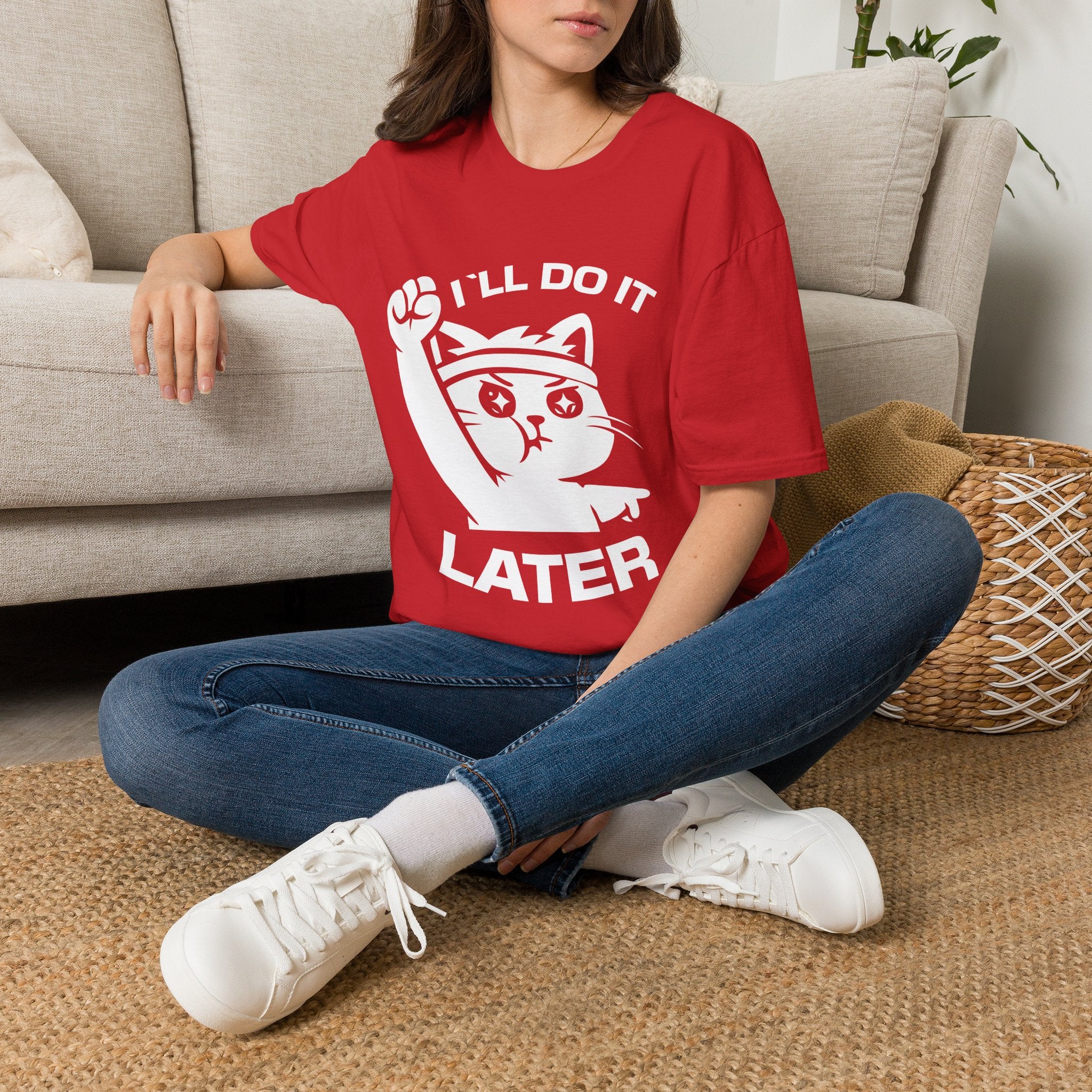 T-Shirt — 'I'll Do It Later' Tired Cat Graphic Tee (Tired jokes)