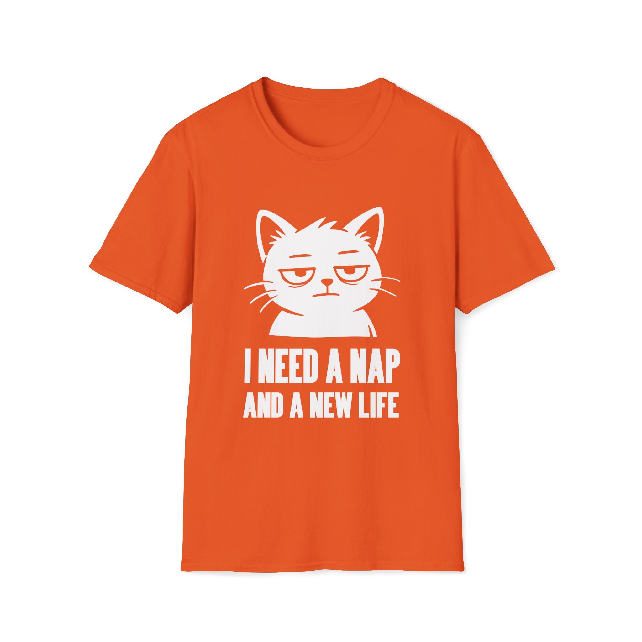T-Shirt — 'I NEED A NAP AND A NEW LIFE' Tired Cat Graphic Tee (Tired jokes)