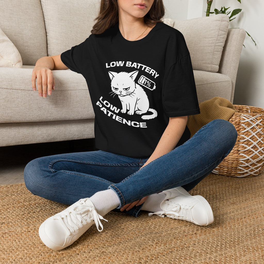 T-Shirt — 'LOW BATTERY LOW PATIENCE' Tired Cat Graphic Tee (Tired jokes)