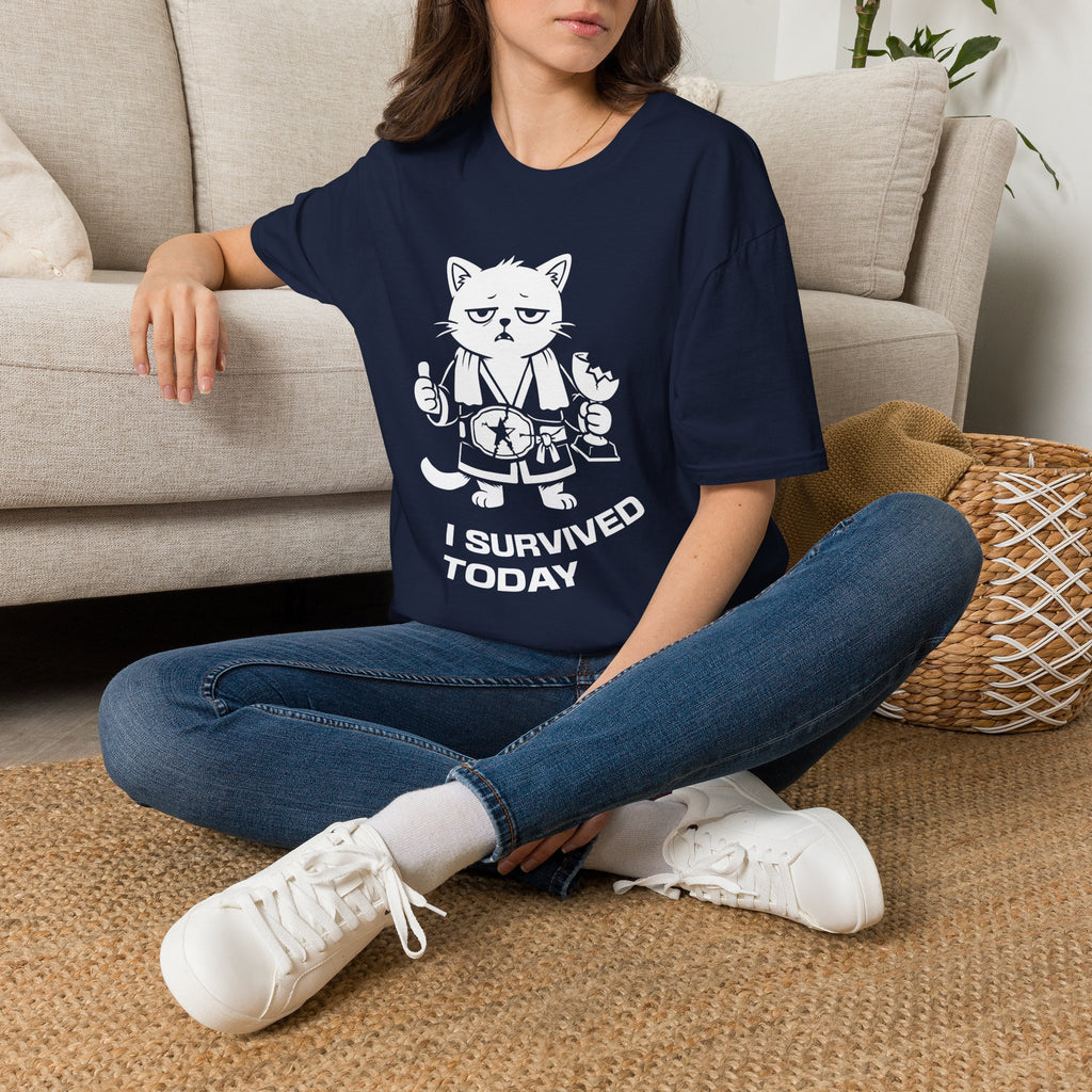 T-Shirt — 'I SURVIVED TODAY' Tired Cat Graphic Tee (Tired jokes)