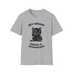 T-Shirt — 'My Brain Needs a Manager' Tired Cat Graphic Tee (Tired jokes)