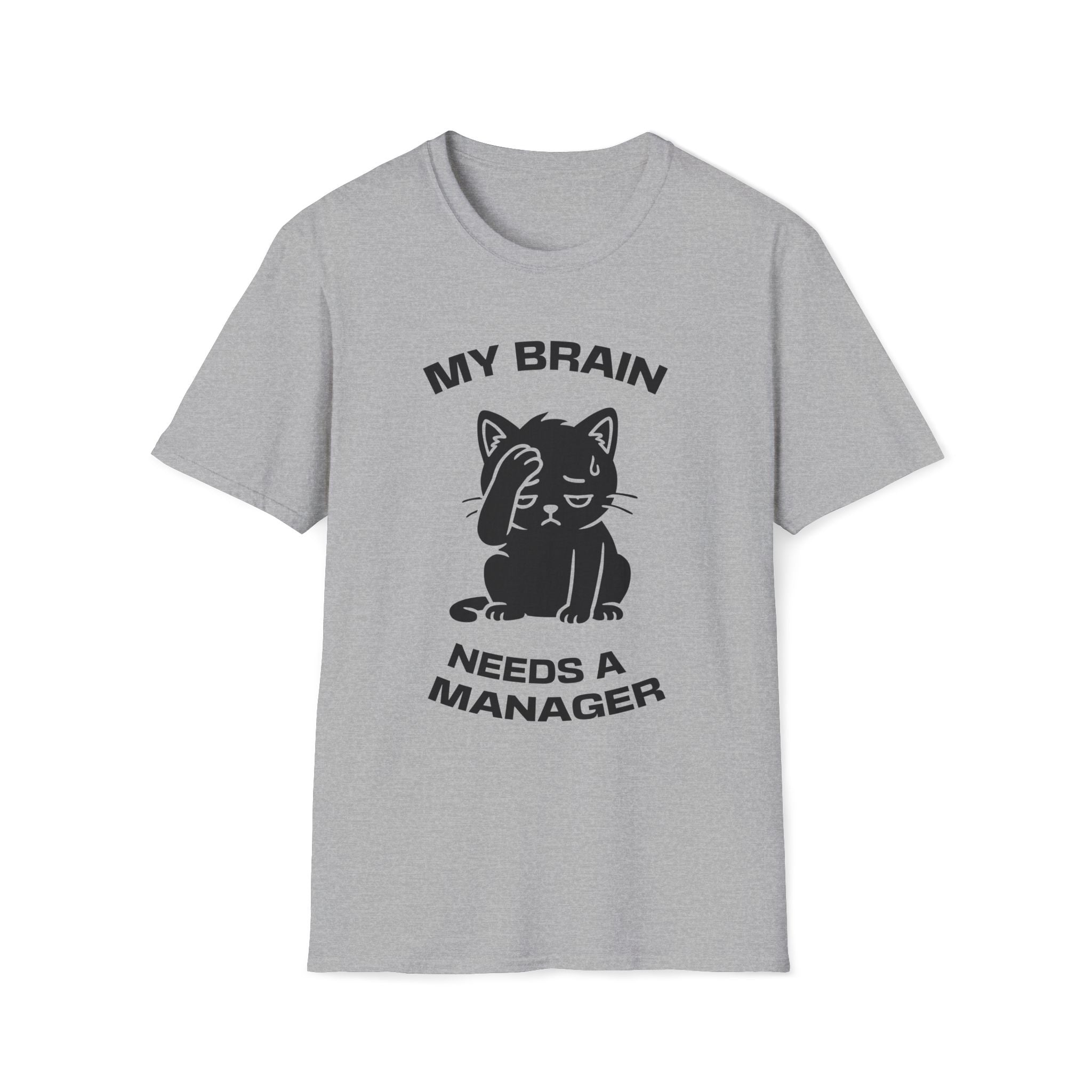 T-Shirt — 'My Brain Needs a Manager' Tired Cat Graphic Tee (Tired jokes)
