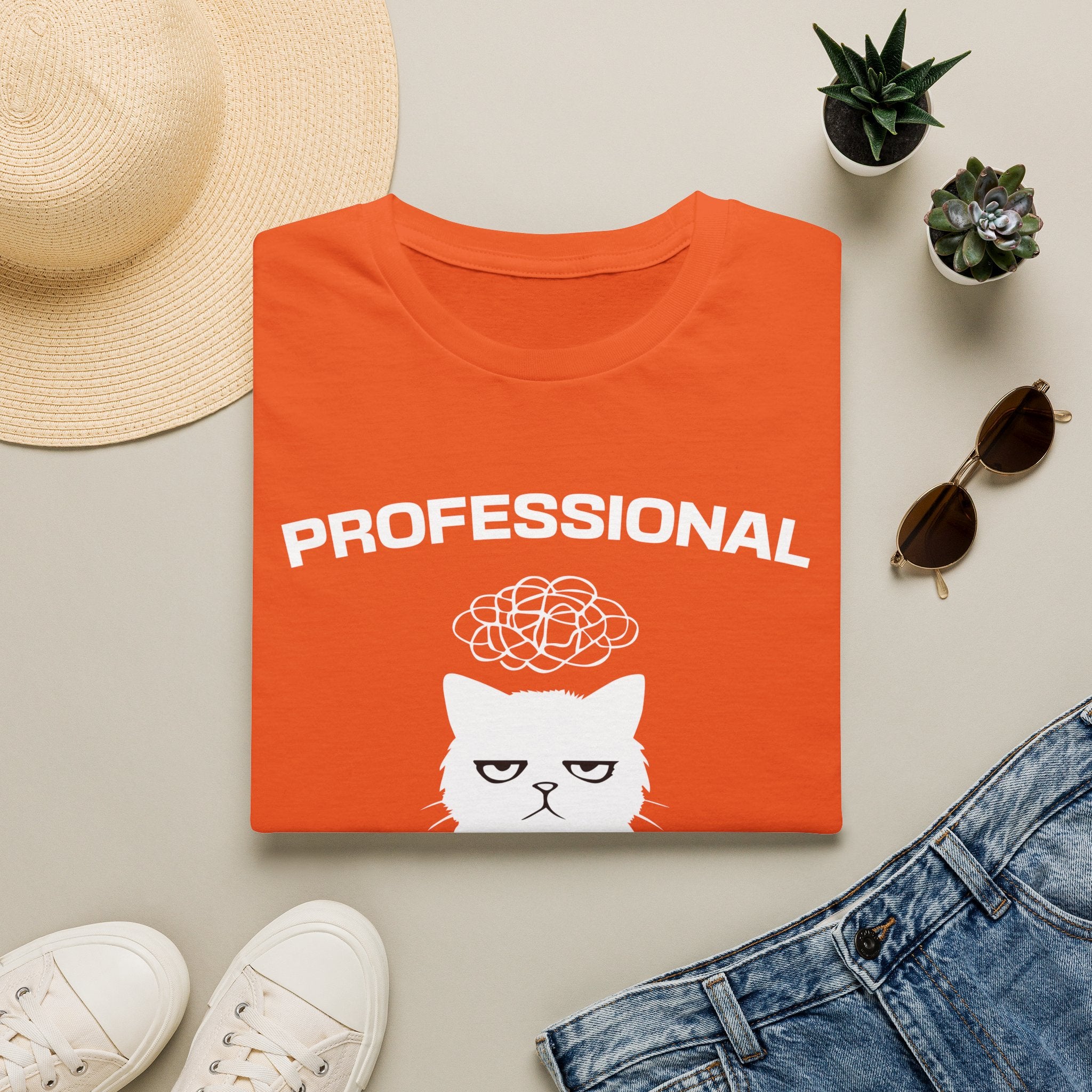 T-Shirt — 'Professional Overthinker' Tired Cat Graphic Tee (Tired jokes)