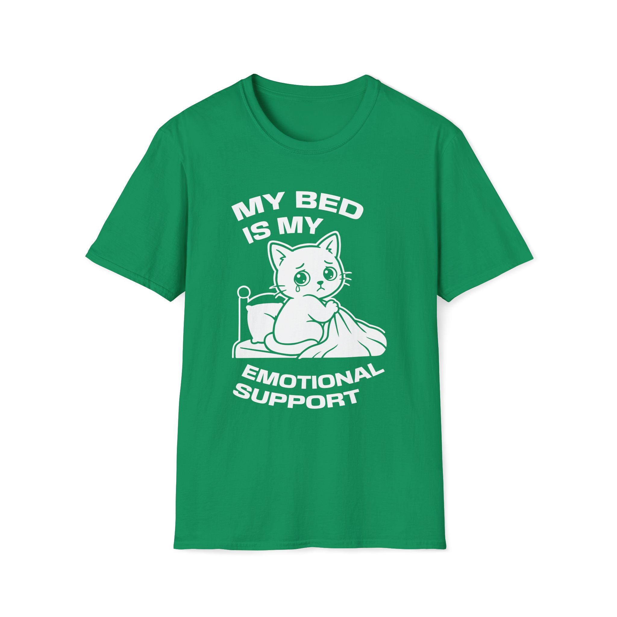 T-Shirt — 'MY BED IS MY EMOTIONAL SUPPORT' Tired Cat Graphic Tee (Tired jokes)