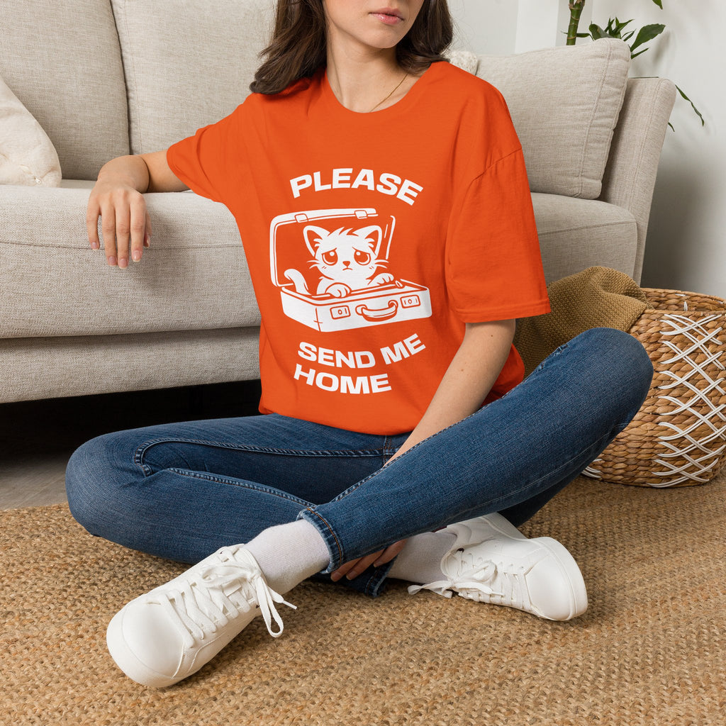 T-Shirt — 'PLEASE SEND ME HOME' Tired Cat Graphic Tee (Tired jokes)