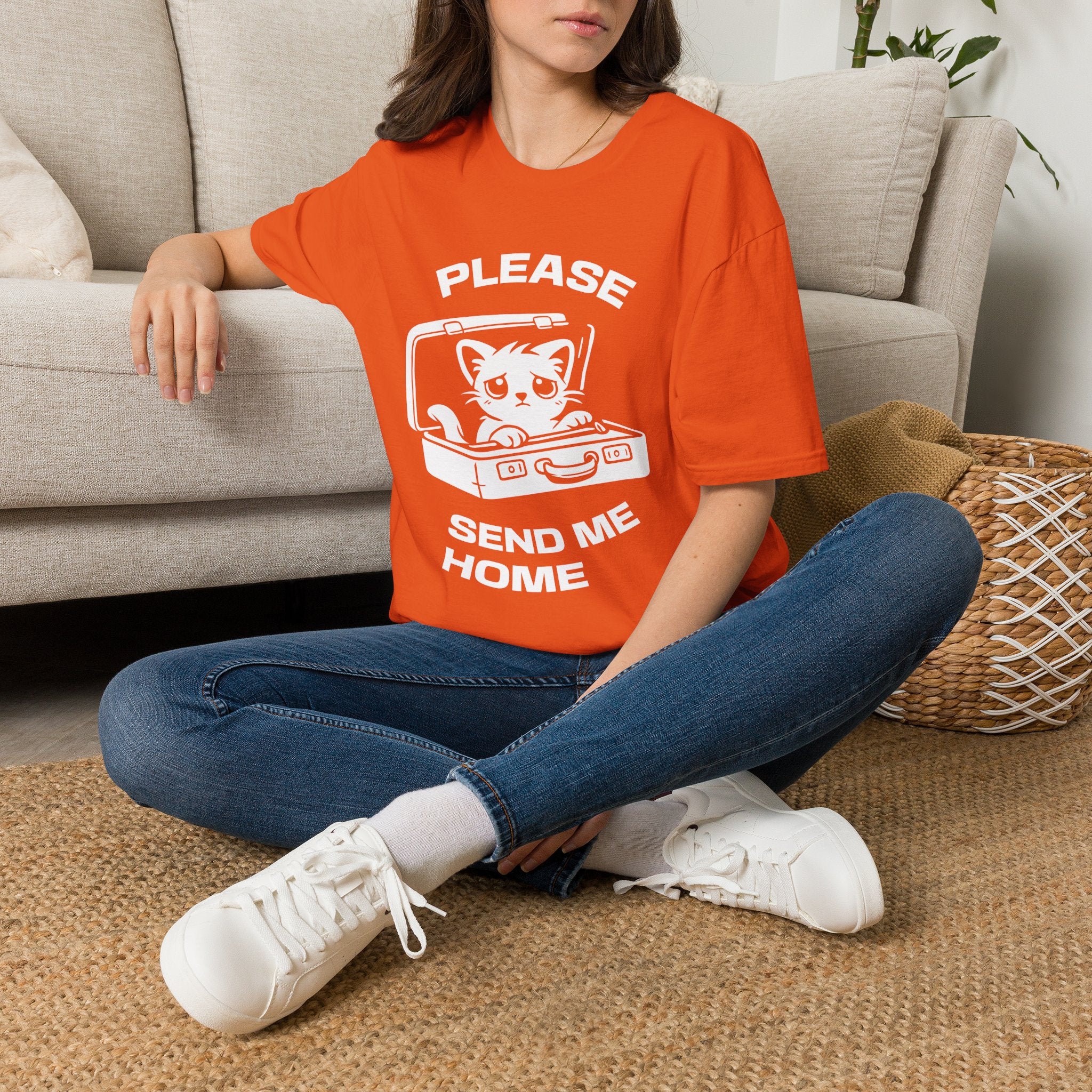 T-Shirt — 'PLEASE SEND ME HOME' Tired Cat Graphic Tee (Tired jokes)