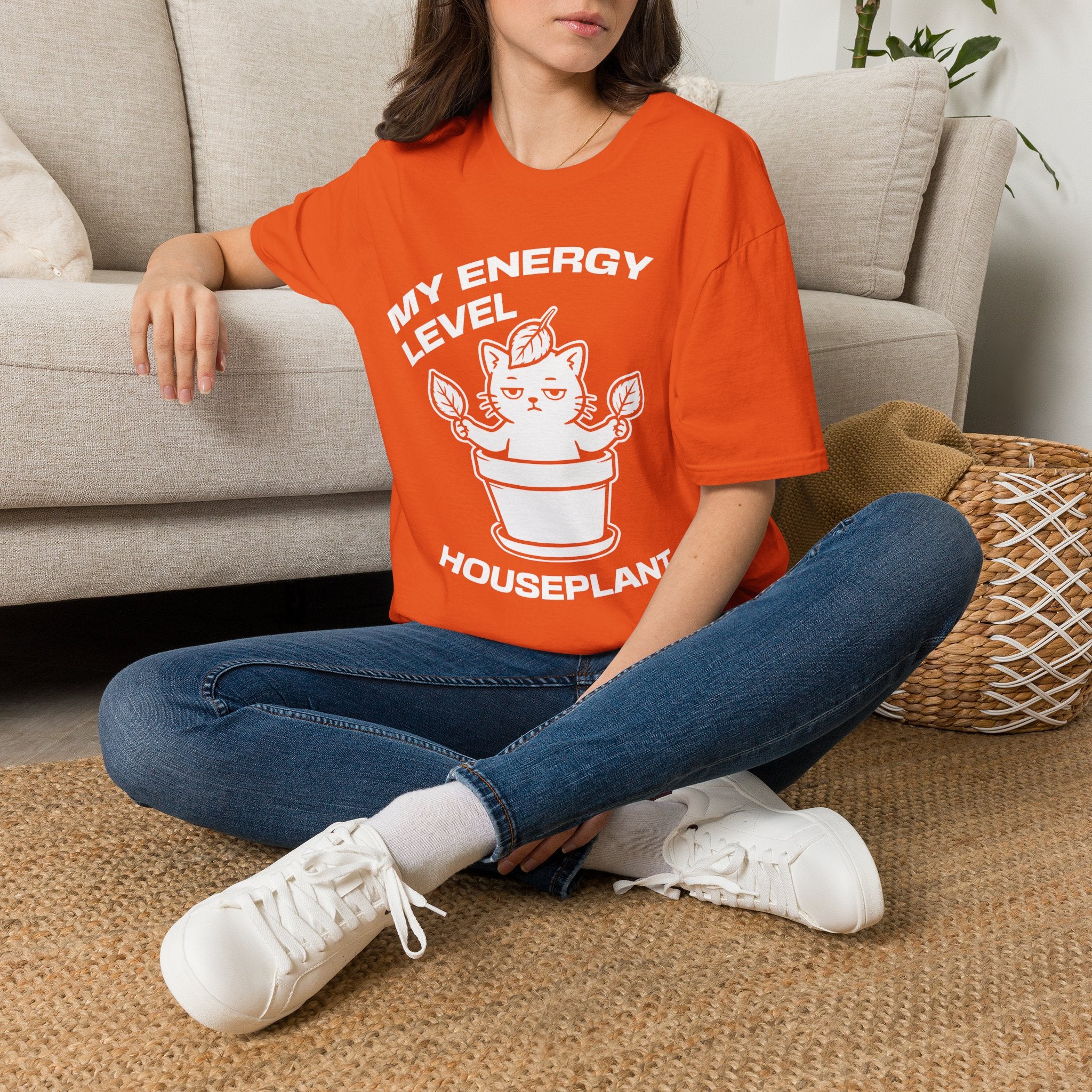 T-Shirt — 'ENERGY LEVEL HOUSEPLANT' Tired Cat Graphic Tee (Tired jokes)