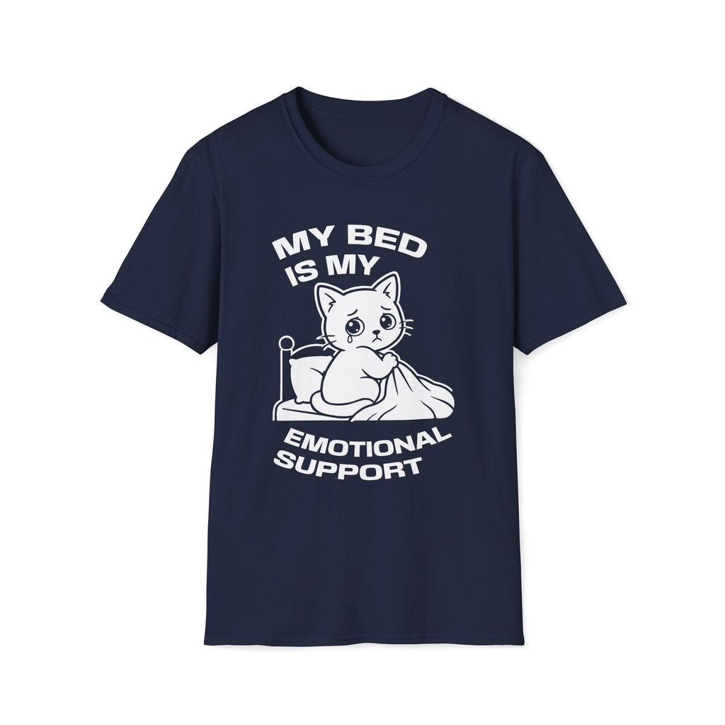 T-Shirt — 'MY BED IS MY EMOTIONAL SUPPORT' Tired Cat Graphic Tee (Tired jokes)