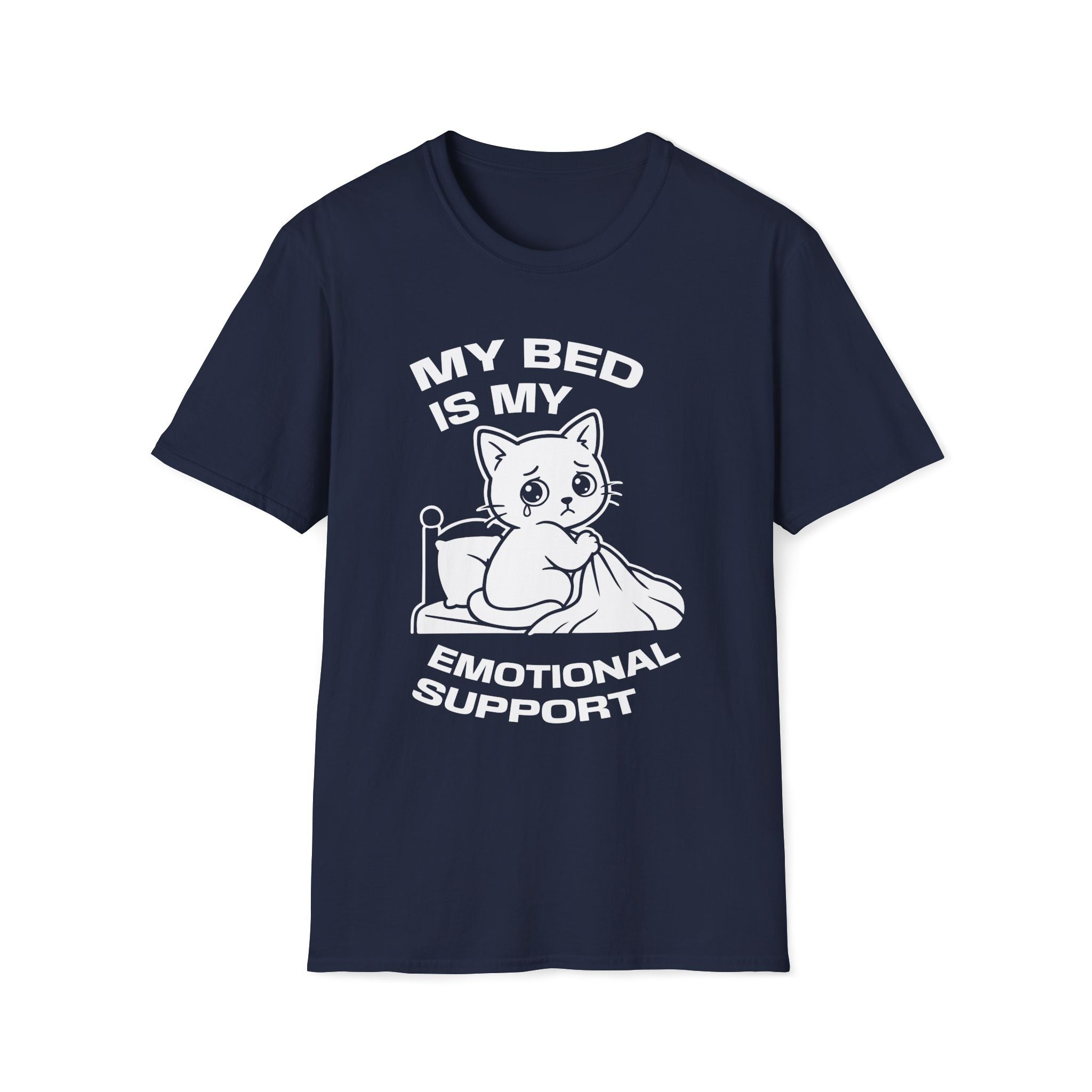 T-Shirt — 'MY BED IS MY EMOTIONAL SUPPORT' Tired Cat Graphic Tee (Tired jokes)
