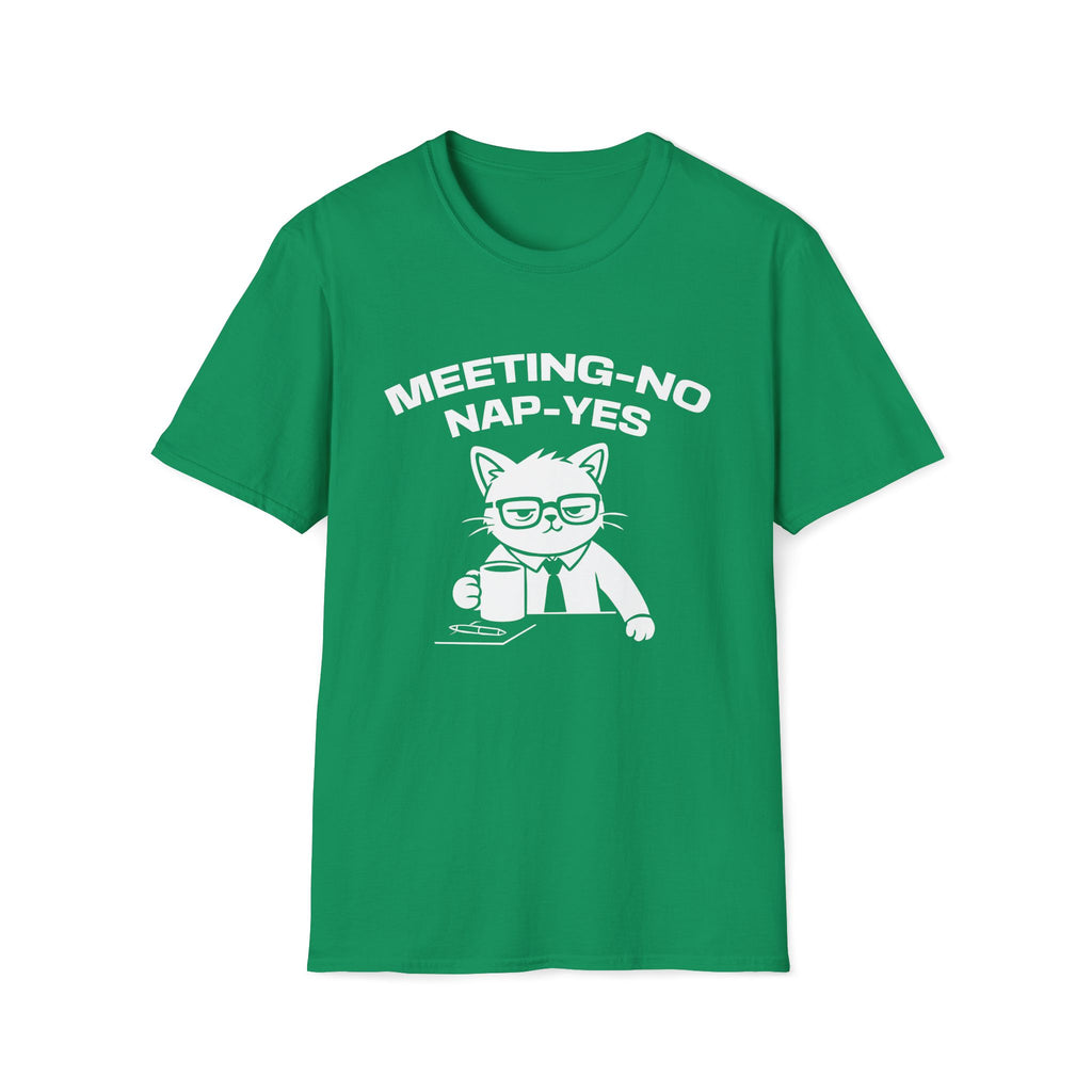 T-Shirt — 'MEETING-NO, NAP-YES' Tired Cat Graphic Tee (Tired jokes)
