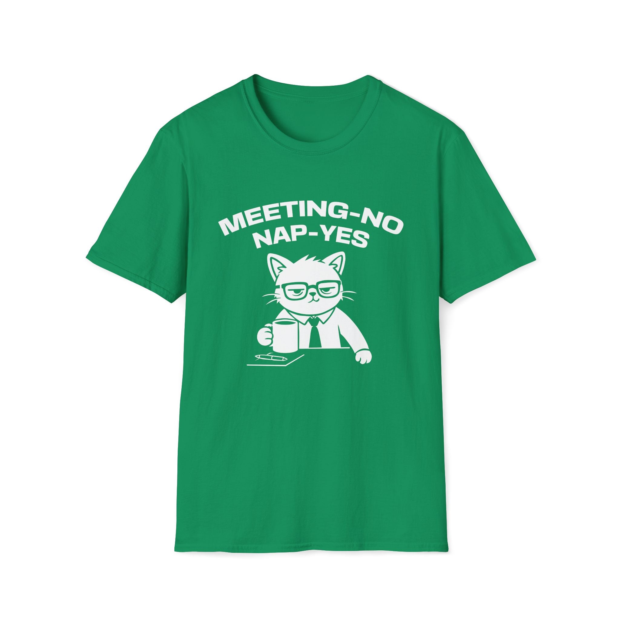 T-Shirt — 'MEETING-NO, NAP-YES' Tired Cat Graphic Tee (Tired jokes)