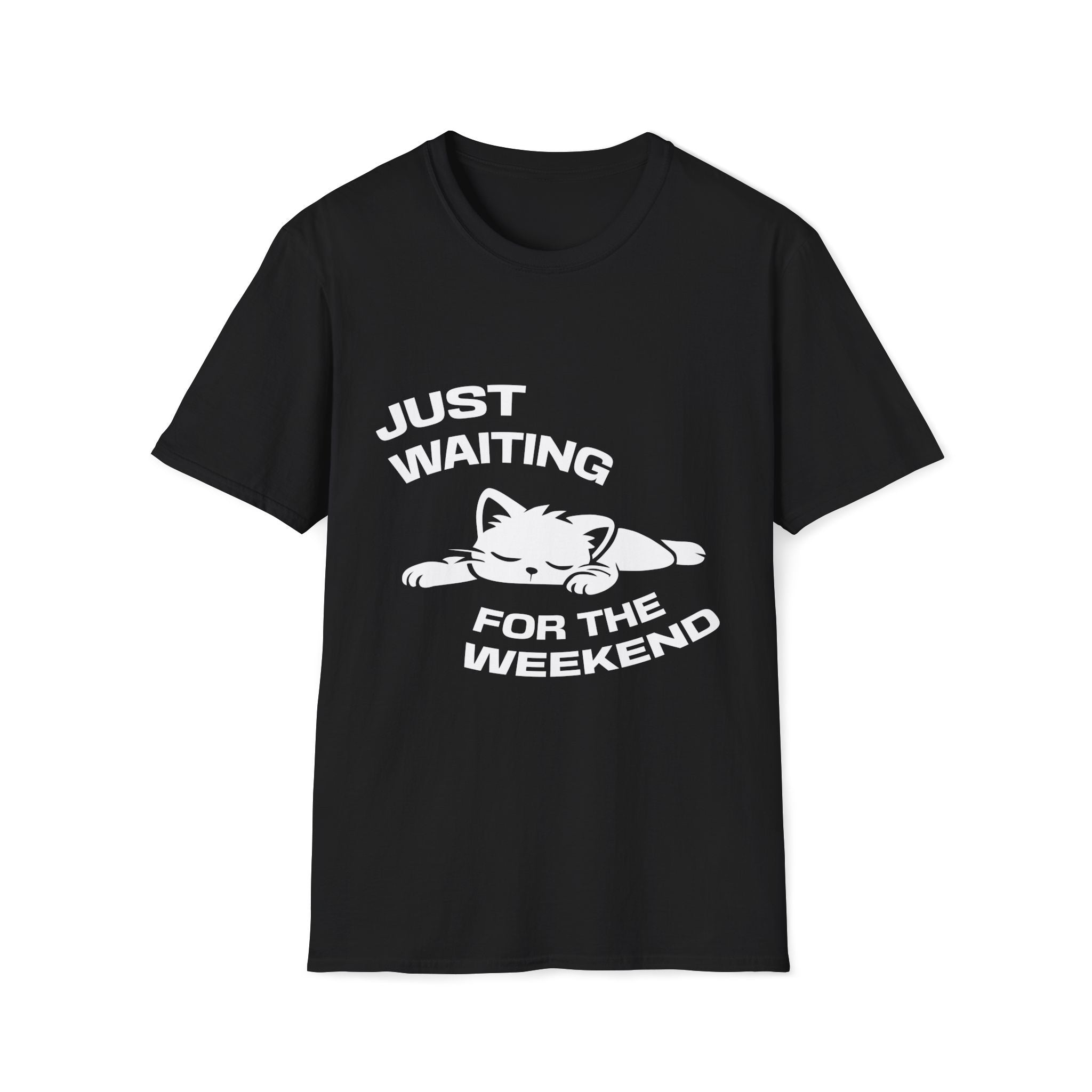 T-Shirt — 'JUST WAITING FOR THE WEEKEND' Tired Cat Graphic Tee (Tired jokes)