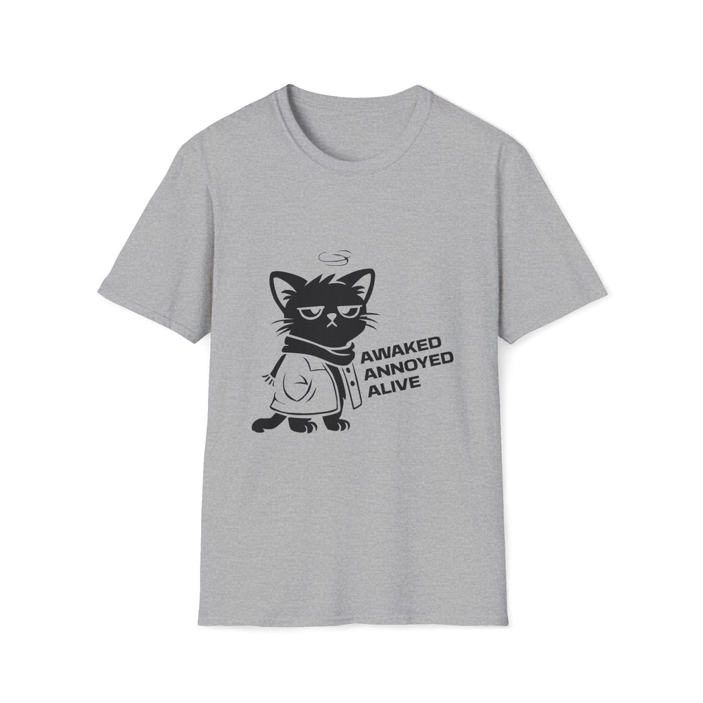 T-Shirt — 'AWAKED ANNOYED ALIVE' Tired Cat Graphic Tee (Tired jokes)