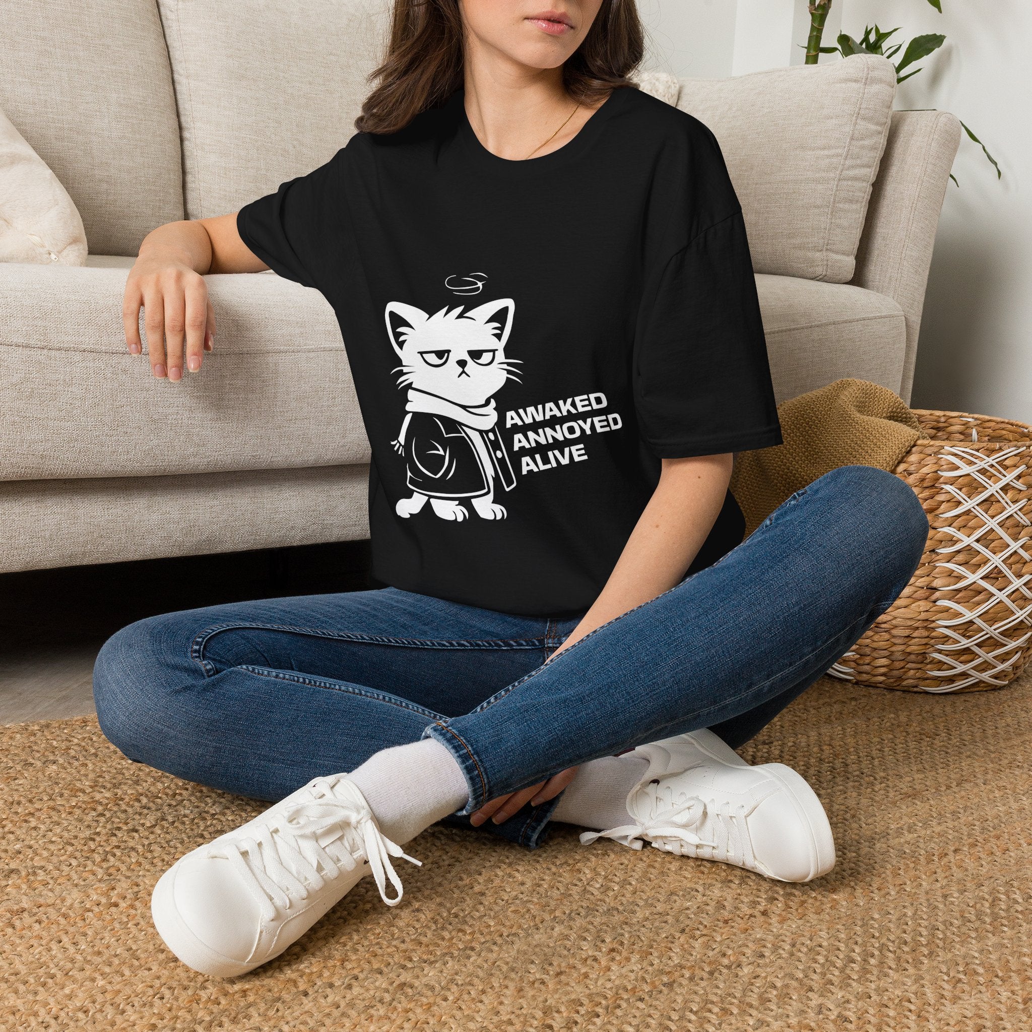 T-Shirt — 'AWAKED ANNOYED ALIVE' Tired Cat Graphic Tee (Tired jokes)