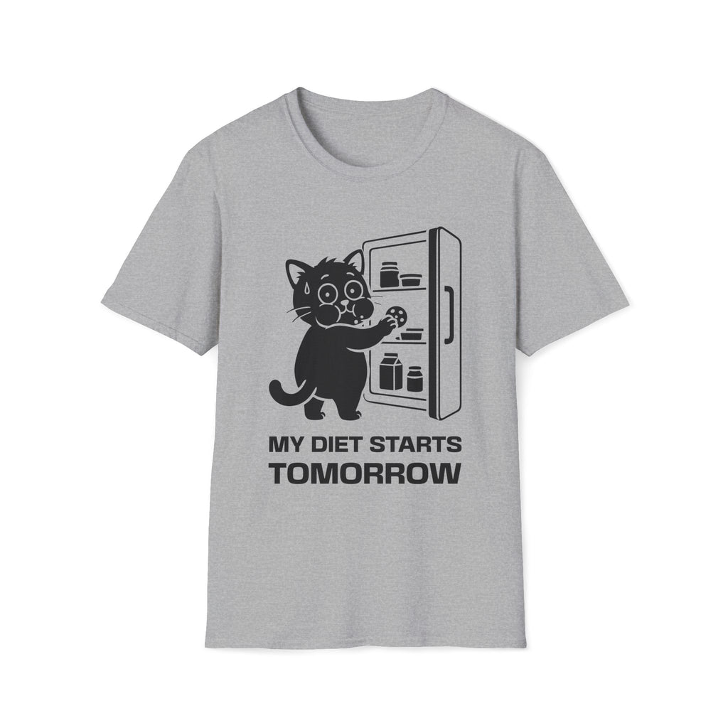 T-Shirt — 'My Diet Starts Tomorrow' Tired Cat Graphic Tee (Tired jokes)