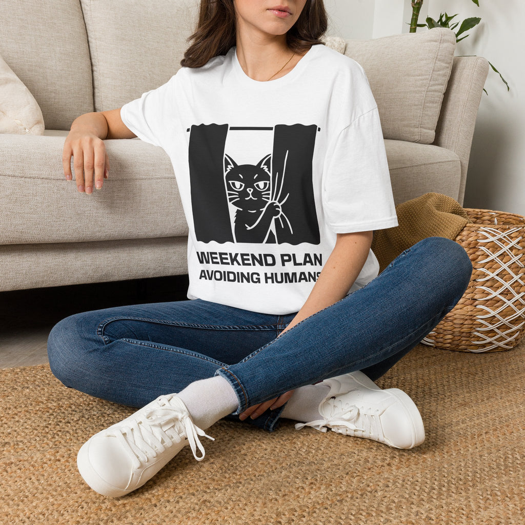 T-Shirt — 'Weekend Plan Avoiding People' Tired Cat Graphic Tee (Tired jokes)