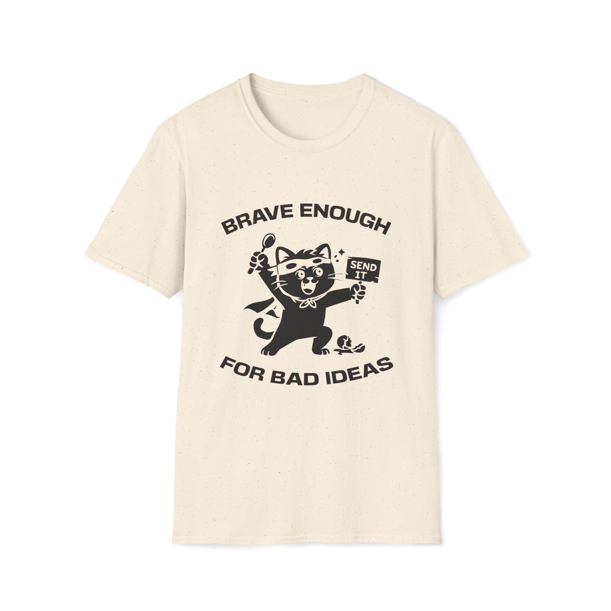 T-Shirt — 'Brave Enough For Bad Ideas' Tired Cat Graphic Tee (Tired jokes)
