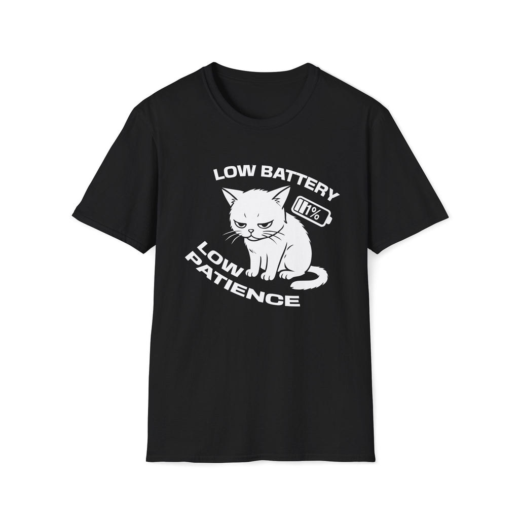 T-Shirt — 'LOW BATTERY LOW PATIENCE' Tired Cat Graphic Tee (Tired jokes)