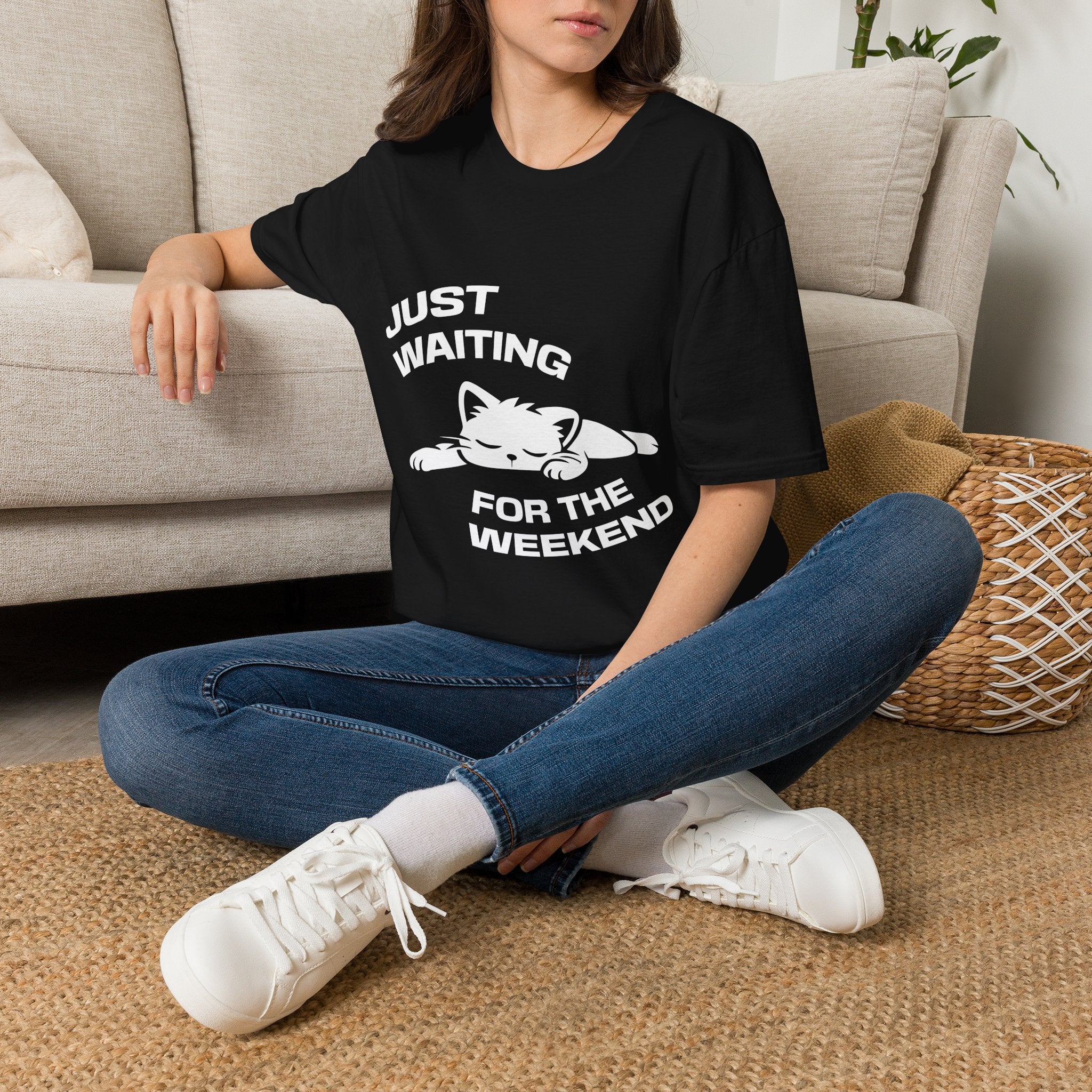 T-Shirt — 'JUST WAITING FOR THE WEEKEND' Tired Cat Graphic Tee (Tired jokes)