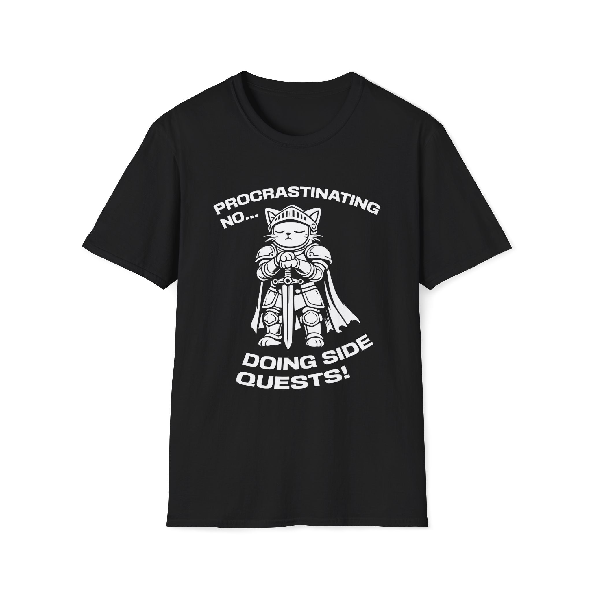 T-Shirt — 'PROCRASTINATING NO...DOING SIDE QUESTS!' Tired Cat Graphic Tee (Tired jokes)