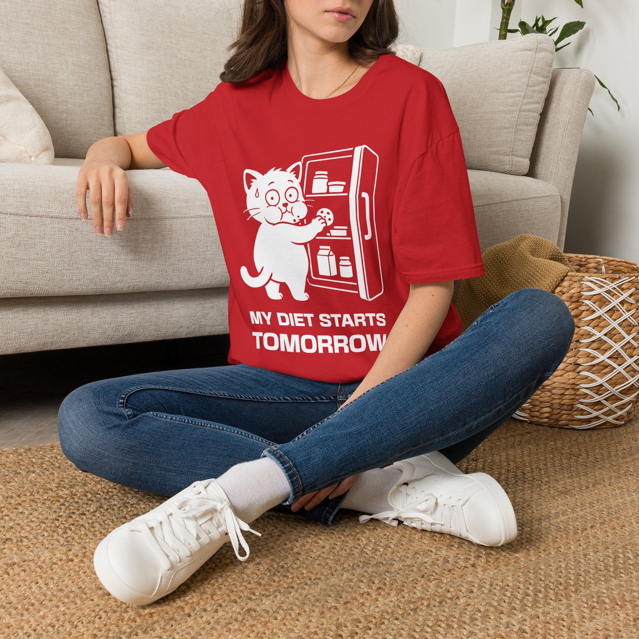 T-Shirt — 'My Diet Starts Tomorrow' Tired Cat Graphic Tee (Tired jokes)