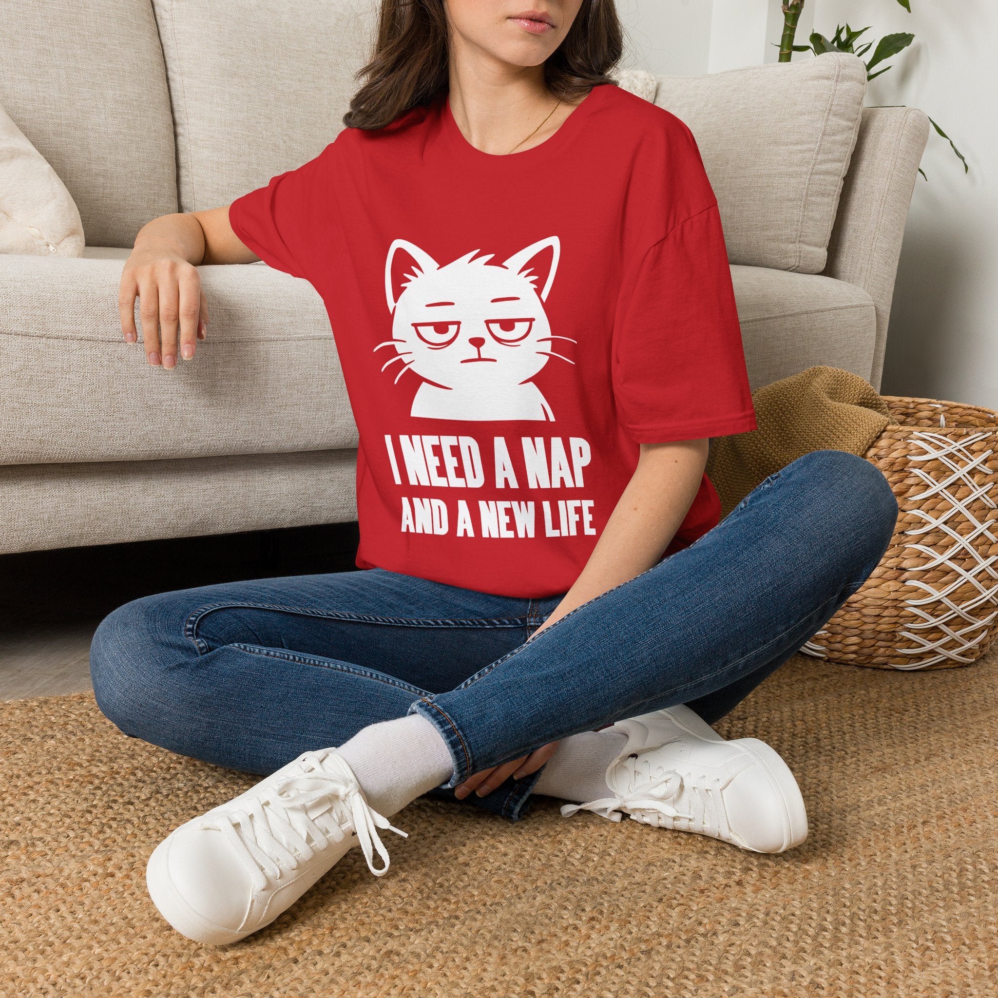 T-Shirt — 'I NEED A NAP AND A NEW LIFE' Tired Cat Graphic Tee (Tired jokes)
