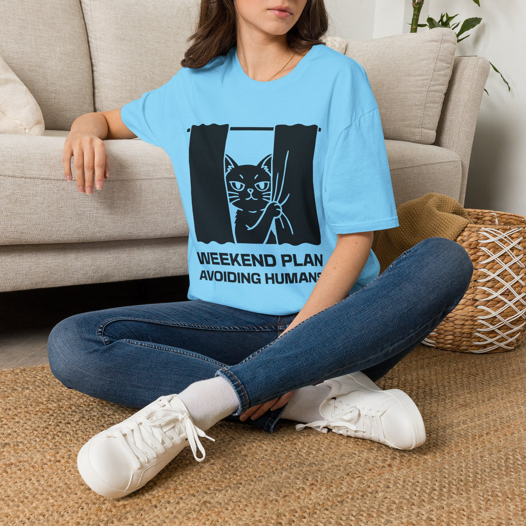 T-Shirt — 'Weekend Plan Avoiding People' Tired Cat Graphic Tee (Tired jokes)
