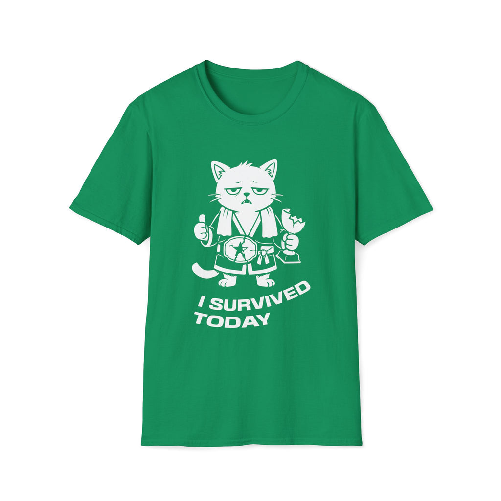 T-Shirt — 'I SURVIVED TODAY' Tired Cat Graphic Tee (Tired jokes)