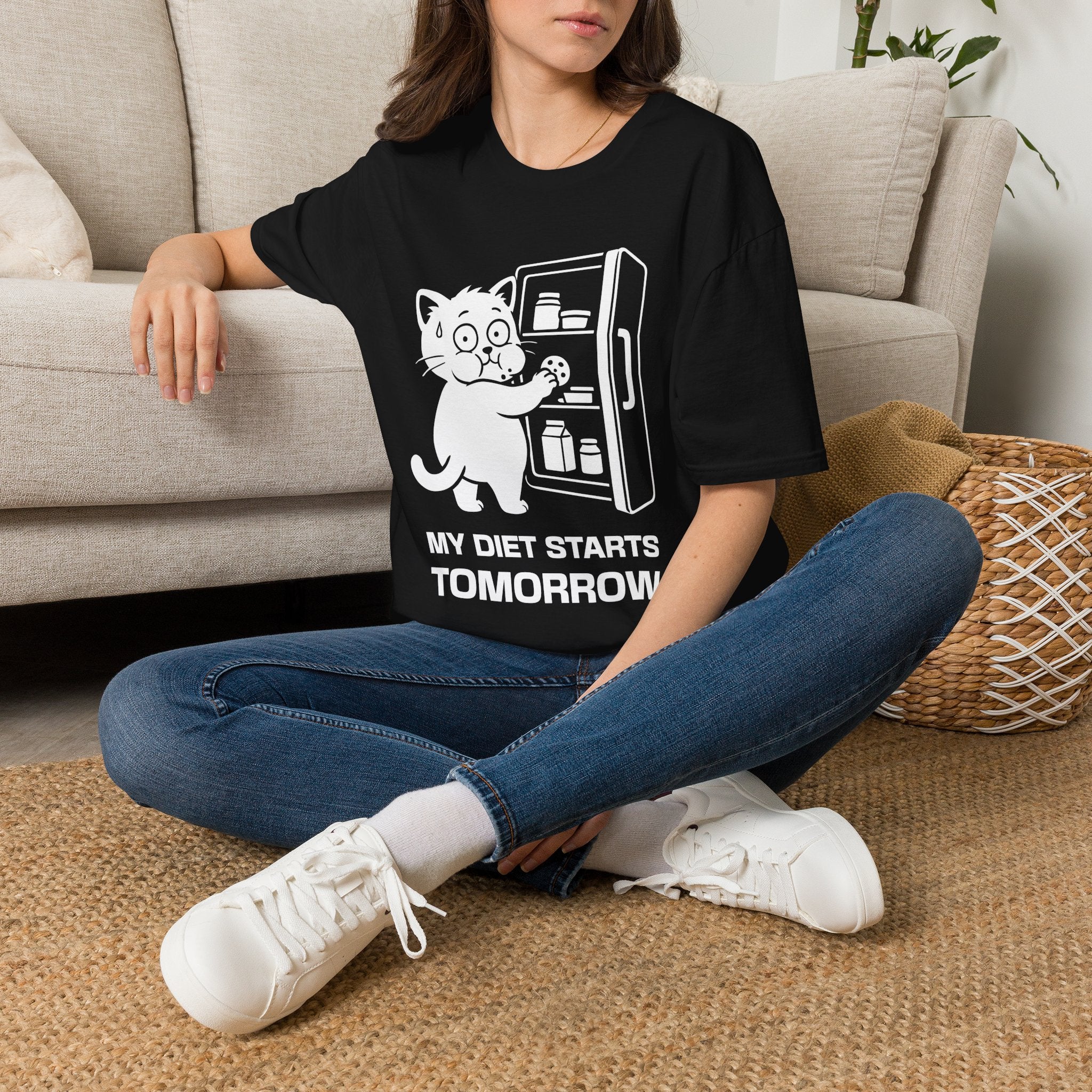 T-Shirt — 'My Diet Starts Tomorrow' Tired Cat Graphic Tee (Tired jokes)