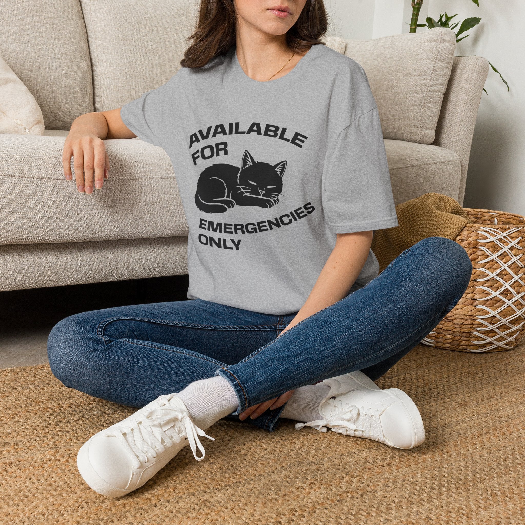 T-Shirt — 'AVAILABLE FOR EMERGENCIES ONLY' Tired Cat Graphic Tee (Tired jokes)