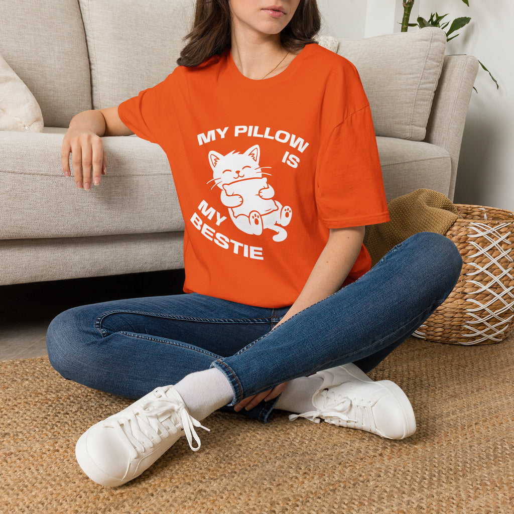 T-Shirt — 'My Pillow Is My Bestie' Tired Cat Graphic Tee (Tired jokes)