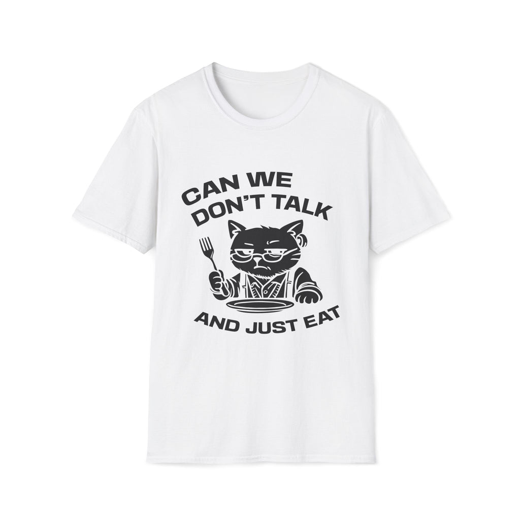 T-Shirt — 'CAN WE DON'T TALK AND JUST EAT' Tired Cat Graphic Tee (Tired jokes)