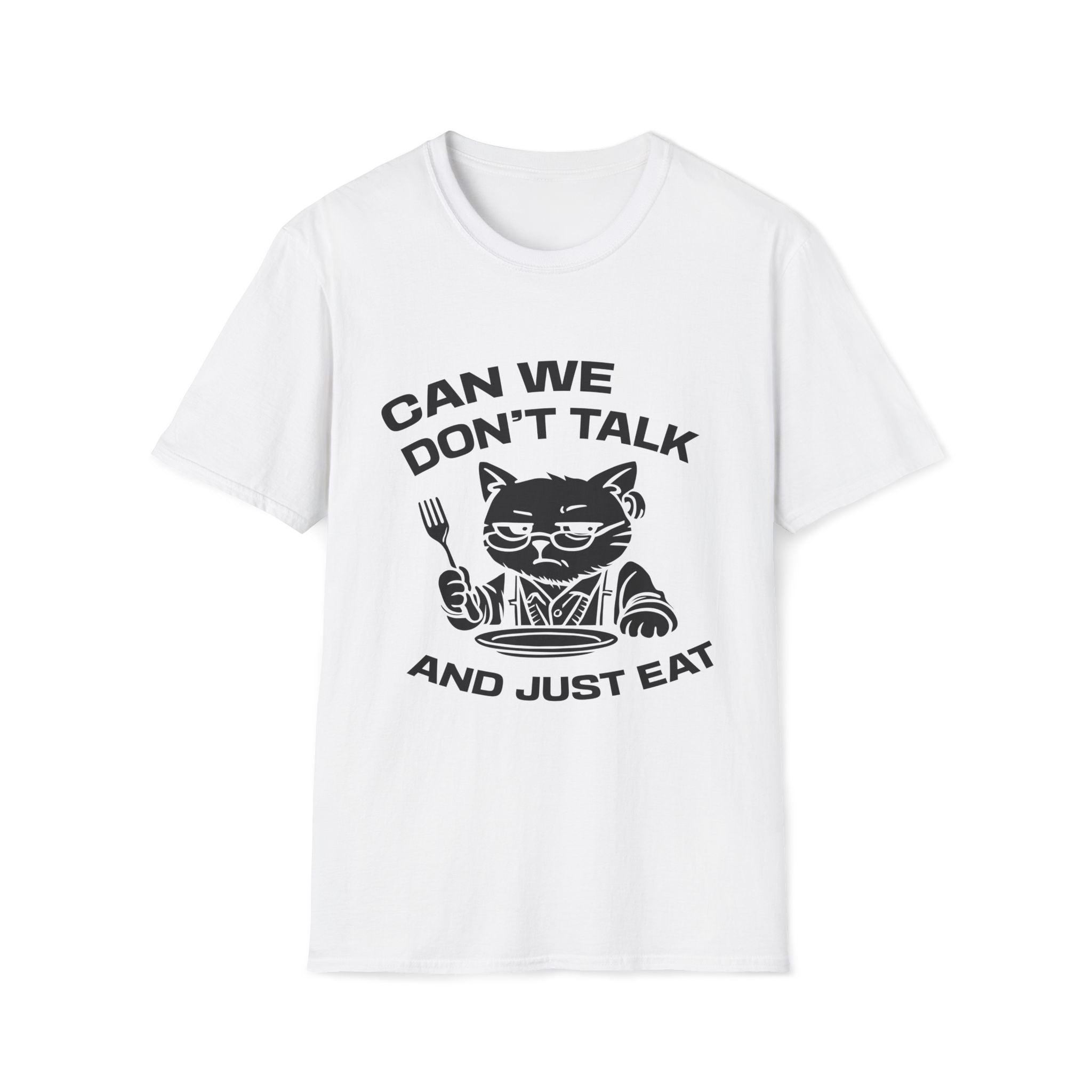 T-Shirt — 'CAN WE DON'T TALK AND JUST EAT' Tired Cat Graphic Tee (Tired jokes)