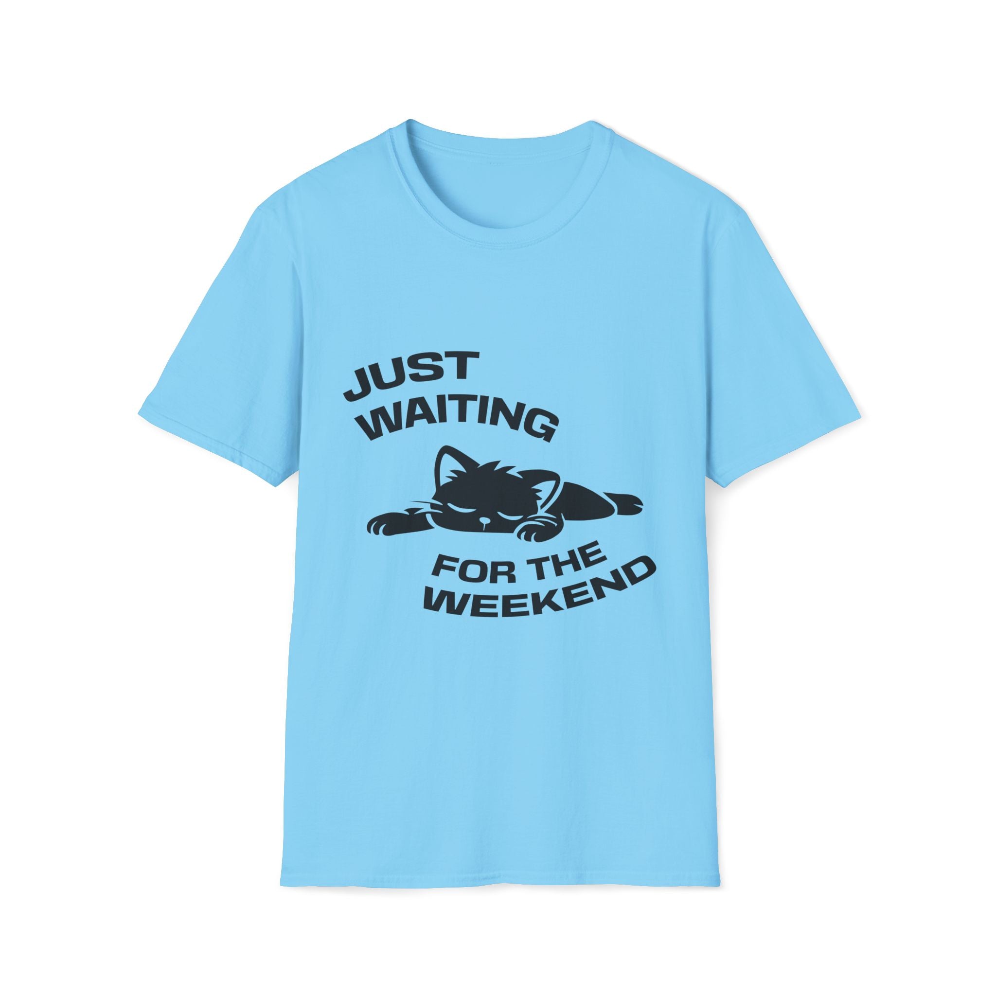 T-Shirt — 'JUST WAITING FOR THE WEEKEND' Tired Cat Graphic Tee (Tired jokes)