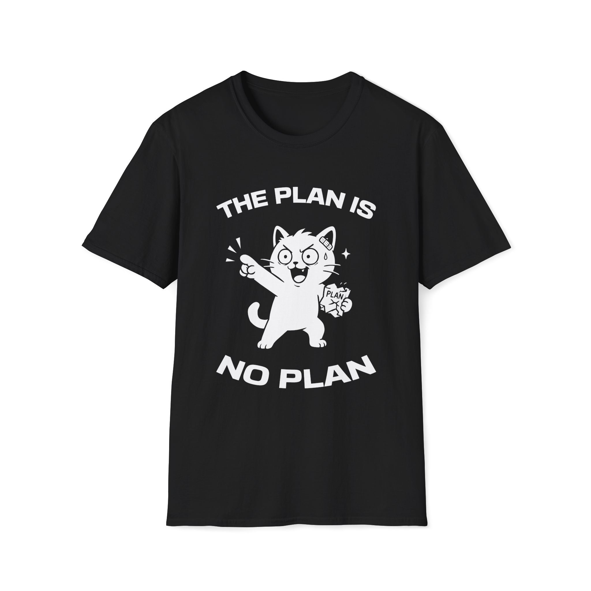 T-Shirt — 'The Plan Is No Plan' Tired Cat Graphic Tee (Tired jokes)
